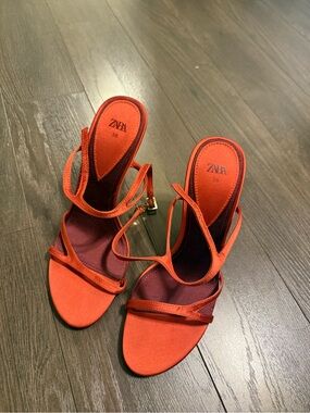 ZARA Red-Orange Strappy Heeled Sandals